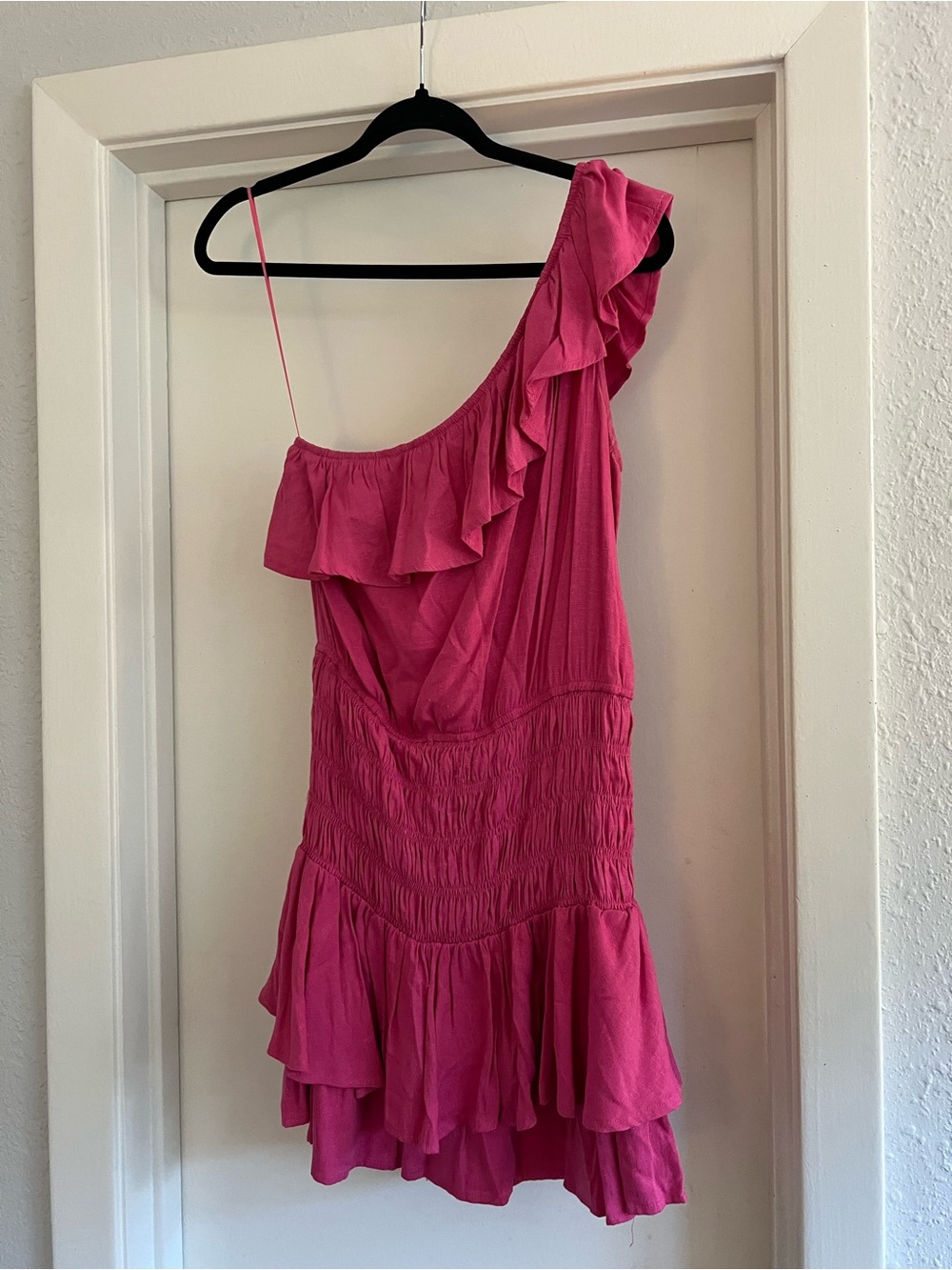 glam Hot Pink One-Shoulder Ruffle Mini Dress